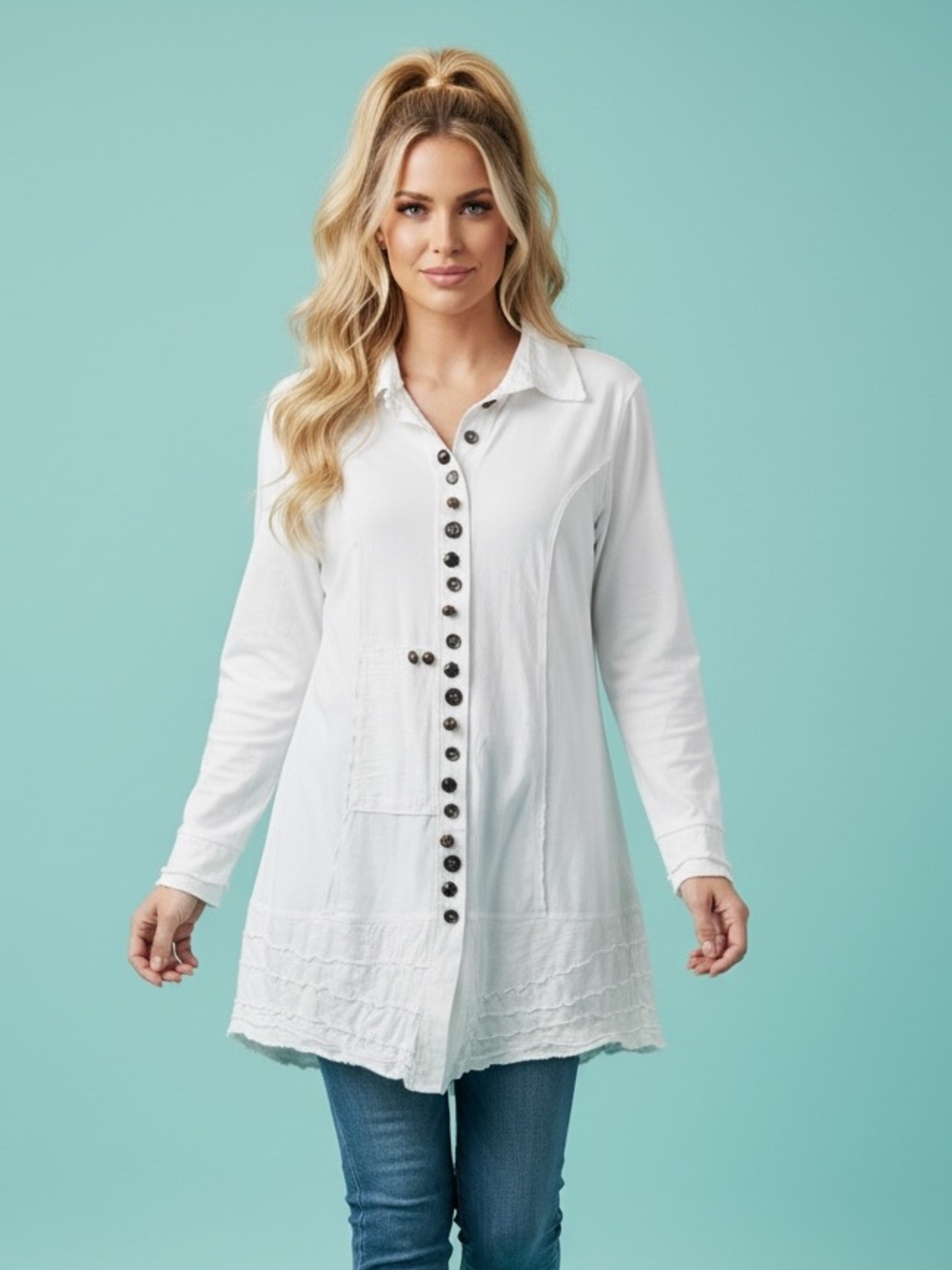 Neon Buddha White Button Front Tunic Top Size L